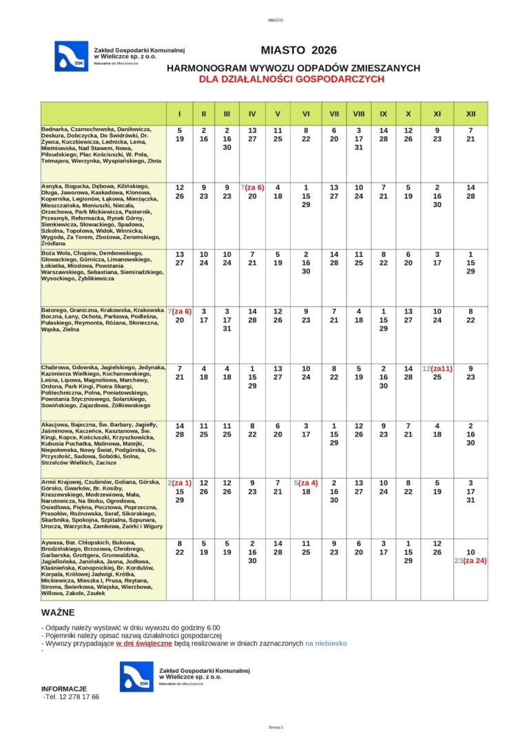 Harmonogram wywozu odpadów zmieszanych dla działalności gospodarczych - miasto 2026