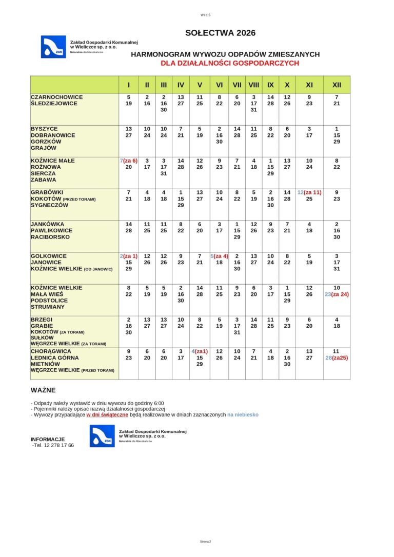 Harmonogram wywozu odpadów zmieszanych dla działalności gospodarczych - sołectwa 2026