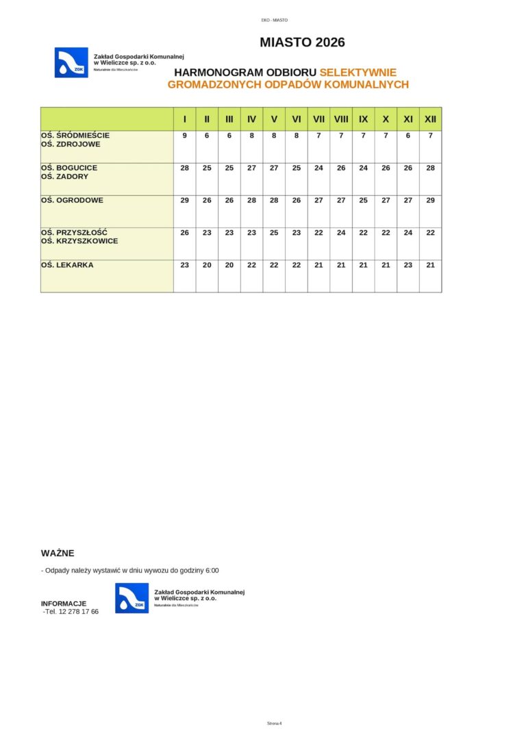 Harmonogram wywozu selektywnie gromadzonych odpadów komunalnych - miasto 2026