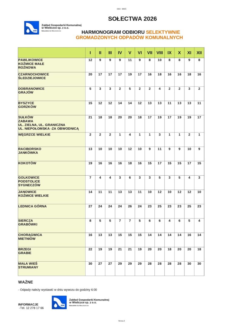 Harmonogram wywozu selektywnie gromadzonych odpadów komunalnych - sołectwa 2026