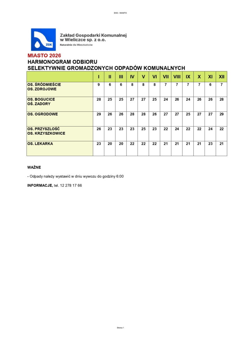 Harmonogram wywozu odpadów selektywnie gromadzonych - miasto 2026
