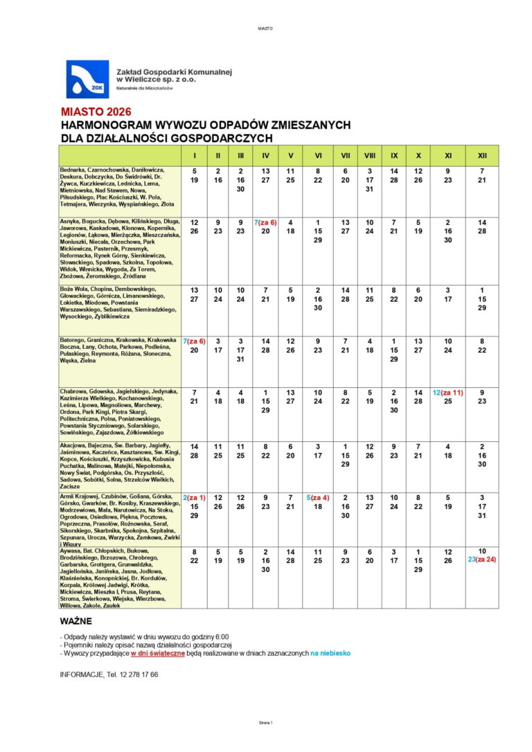 Harmonogram wywozu odpadów zmieszanych dla działalności gospodarczych - miasto 2026