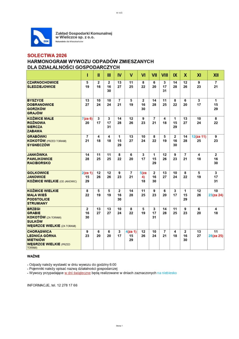 Harmonogram wywozu odpadów zmieszanych dla działalności gospodarczych - sołectwa 2026
